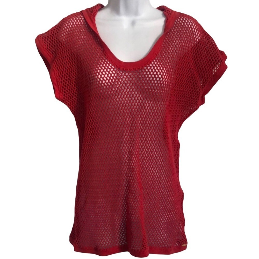 Roxy Red Fishnet Mesh Hooded Top Short Sleeve Scoop Neck Cover Up Small